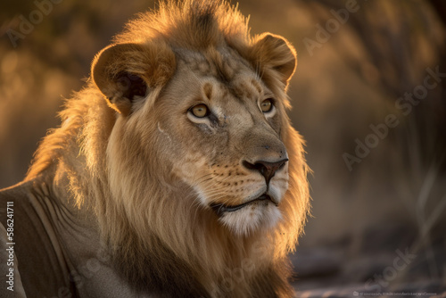 Big lion sits in a park in autumn sunny weather at sunset. AI Generated