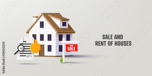 real estate 3d icon of house with contract signed and coins money, everything checked, for sale sign, real estate agency website banner