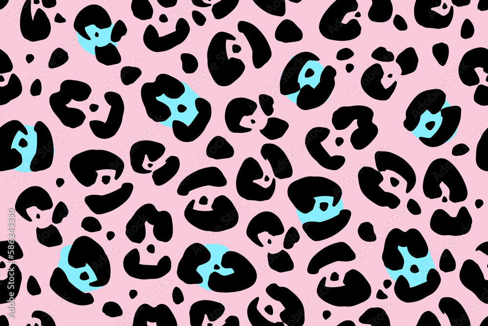 Vector modern abstract animal print. Design template for wallpapers, fabric and textile. Black and blue leopard fur stains on pink background Vector modern abstract animal print. Design template for wallpapers, fabric and textile. Black and blue leopard fur stains on pink background