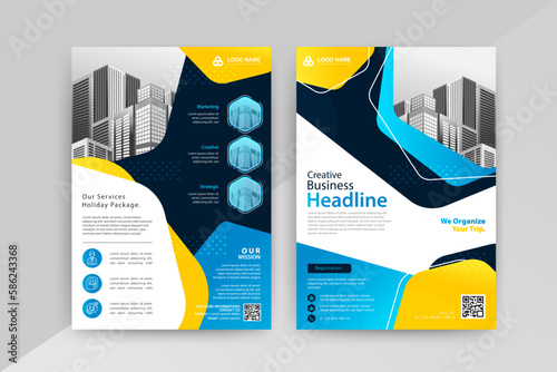 The Power of Advertising. Blue and yellow annual report brochure flyer design template, Leaflet cover presentation abstract background, layout in A4 size.