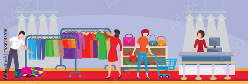 people walk in a store among goods and choose their clothes, flat, isolated object on a white background, vector illustration,