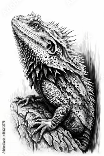 Bearded Dragon Ink Drawing In Splash of Inked Black and White Animal Intricate Details Artwork generative ai