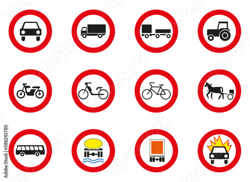 Signs prohibiting the passage of various types of wheeled vehicles. Vector graphics.