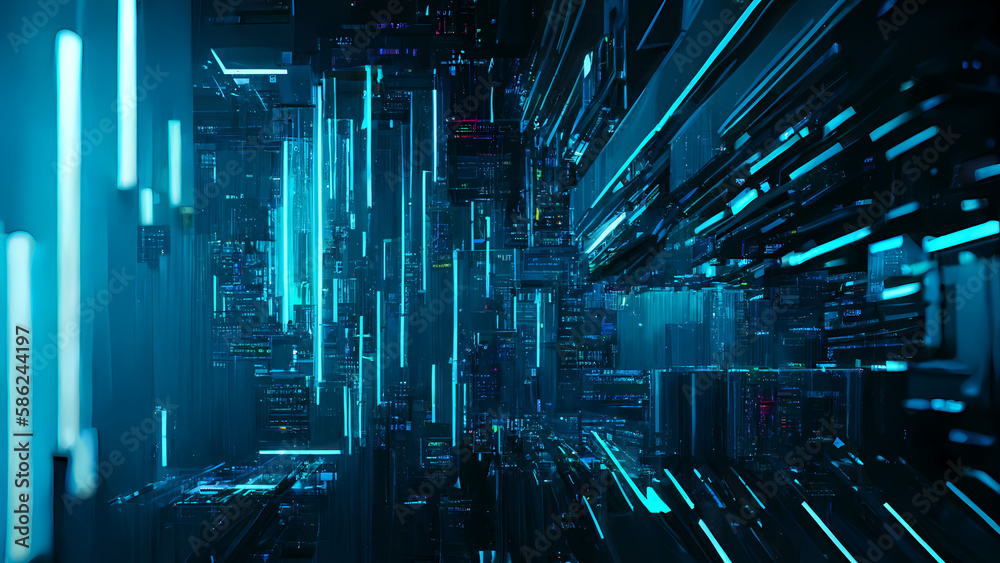 Future electronic city blue background. Abstract building structure