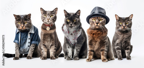 Portrait of a gang of cats dressed in human clothes posing for the camera. Studio shot. Generative AI