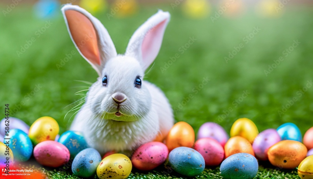 Happy Small White Easter Bunny surrounded with colorful - generative AI