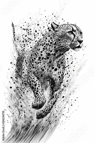 Cheetah Ink Drawing In Splash of Inked Black and White Animal Intricate Details Artwork generative ai
