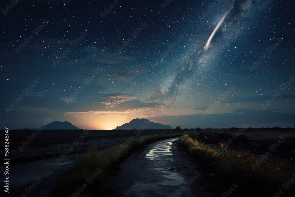 A Celestial Journey: A Comet's Bright Path Across the Starry Night Sky. Generative AI