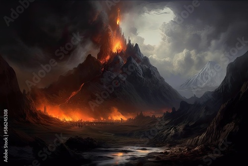 Mordor Land of Dark Evil: Fantasy Landscape Illustration from Lord of the Rings: Generative AI
