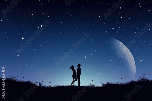 Romantic Starlit Date: A Silhouetted Couple United Under the Night Sky. Generative AI