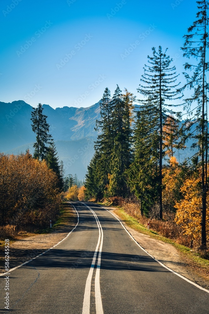 Beautiful mountain landscape in the morning. The most beautiful road in Poland with a view of the Tatra Mountains.