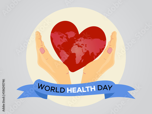 World health day concept. A heart with a world map holding in hand. vector design