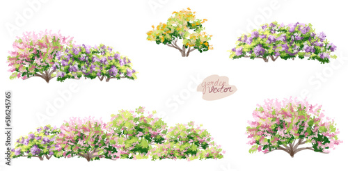 Vector watercolor blooming flower tree side view isolated on white background for landscape and architecture drawing, elements for environment and garden,botanical elements for section in spring 