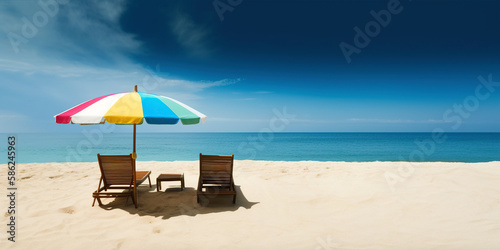 Beautiful beach banner. White sand, chairs and umbrella travel tourism wide panorama background concept. Amazing beach landscape