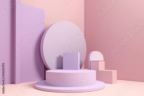 Empty podium mock up display, blank cosmetic ads stand product placement fashion ads on minimal light purple color background, pedestal mockup scene platform ai generative promotion concept. © Synthetica
