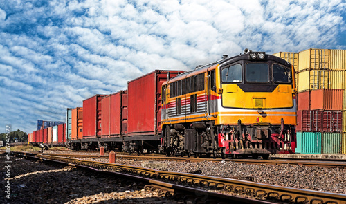 Container Freight Train with cloudy sky.