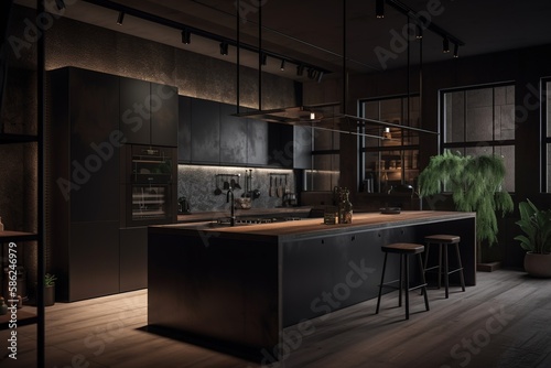 Contemporary dark kitchen interior_Generative_AI_