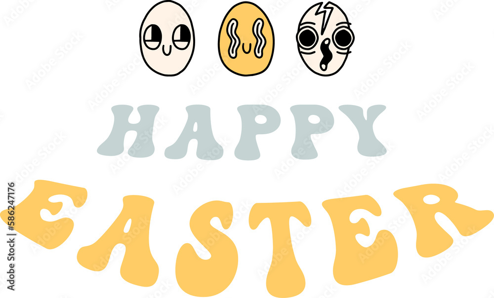 Groovy y2k retro easter holiday funny party print lettering template. Happy easter phrase design. Isolated on transparent background. PNG illustration