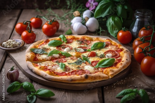 Delicious Salami Pizza on Wooden Table with Decorations