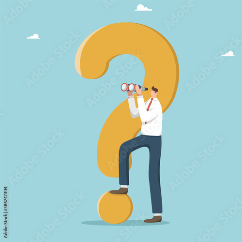 Q and A, FAQ, frequently asked questions, analysis of the consumer market and competitors, viewing comments and customer reviews, a man stands near an exclamation mark and looks through binoculars.