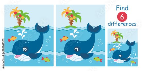 Find differences, education game for children. Cute cartoon whale, fish, sea, island. Flat vector marine illustration. 