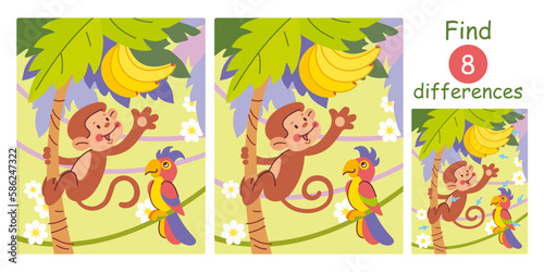Find differences, education game for children. Cute cartoon monkey and parrot, jungle animals and birds. Flat vector jungle illustration. 