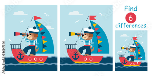 Find differences, education game for children. Cute cartoon puppy sailor, ship, sea. Flat vector marine illustration. 