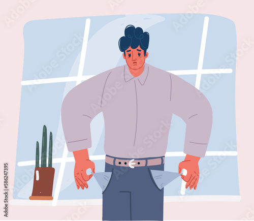 Vector illustration of No money. Man with pockets turned outward over dark background