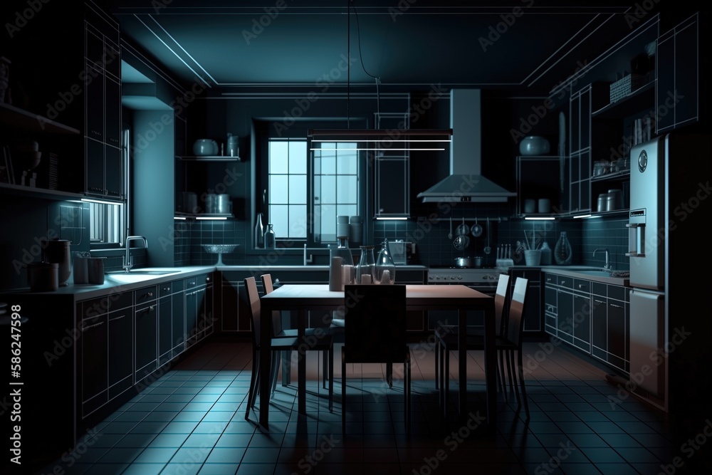 Dark kitchen room interior with four chairs dining table Dark kitchen room interior with four chairs dining table