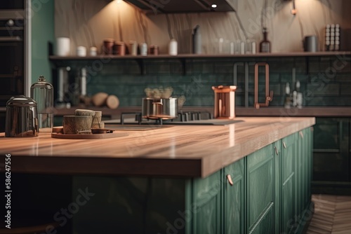 Countertop with green vintage kitchen furniture in blurred background Generative AI