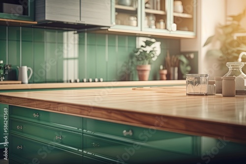 Countertop with green vintage kitchen furniture in blurred background Generative AI © midart