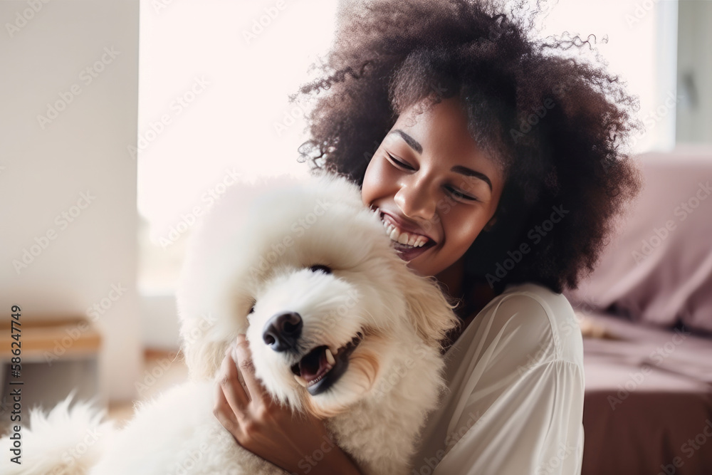 Smiling black woman with dog. Created with I.A Smiling black woman with dog. Created with I.A