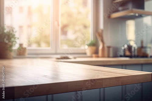 Empty table board and defocused modern kitchen window background concept Generative AI