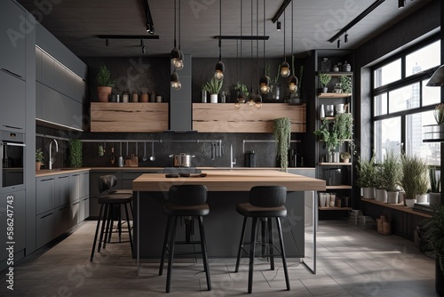 Grey kitchen interior with bar Generative_AI