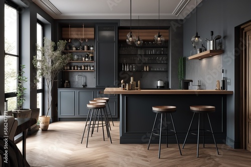 Grey kitchen interior with bar,Generative_AI