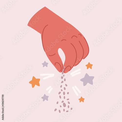 Vector illustration of Hand salting food. Pinch of salt.