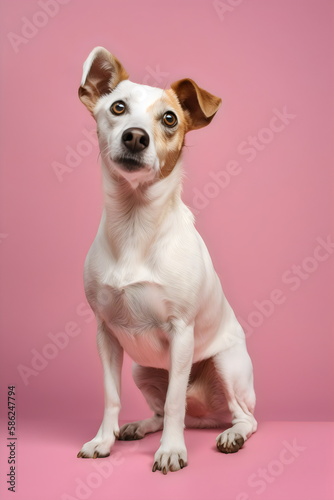 terrier dog without collar sitting isolated on pink studio background, made with generative ai