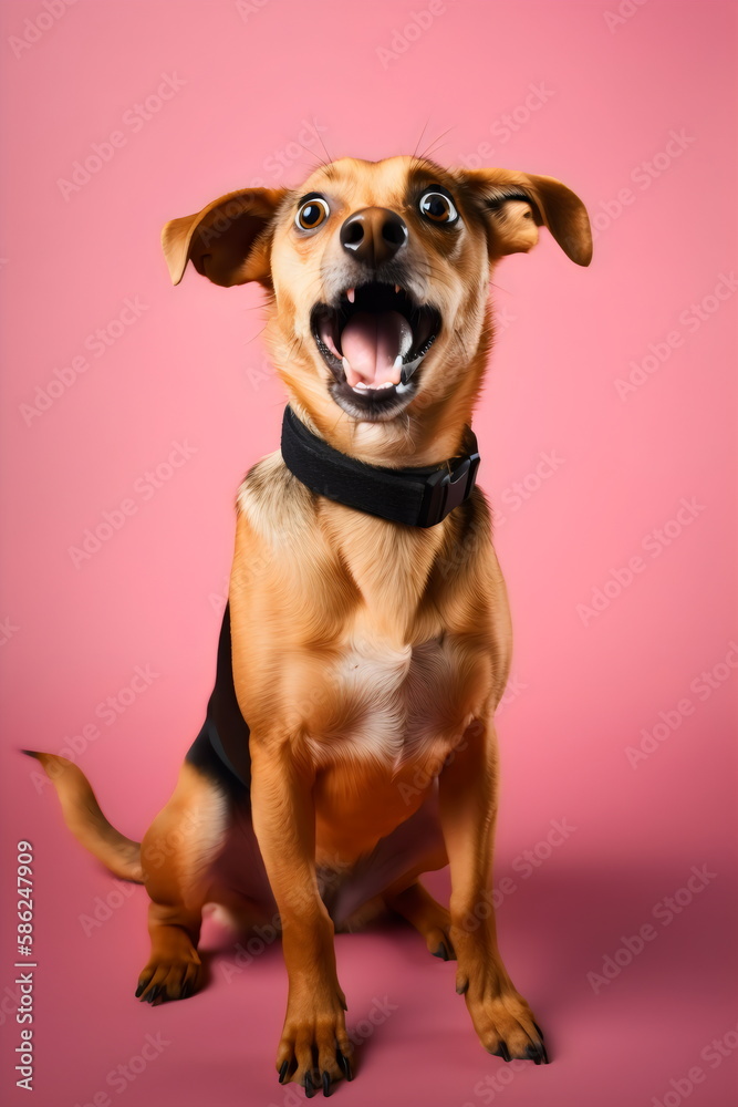 happy sitting black and brown dog isolated on pink studio background, made with generative ai happy sitting black and brown dog isolated on pink studio background, made with generative ai