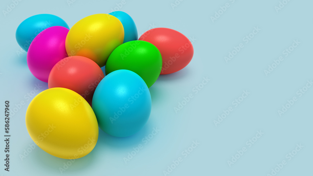 3D Illustration colorful easter eggs on uniform color with copyspace. 3d render color celebration background mockup.