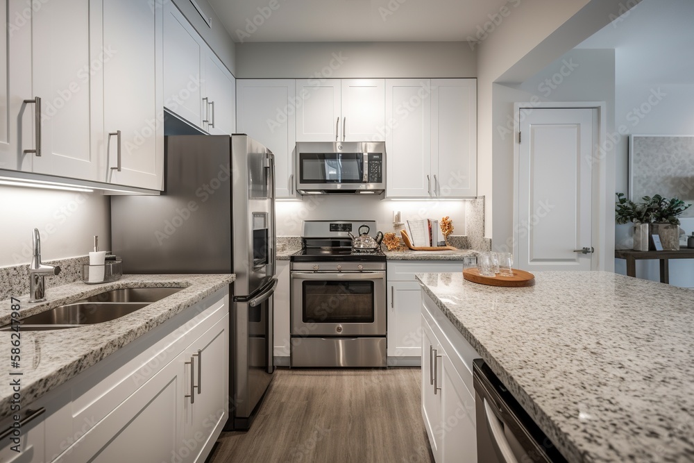 Fototapeta premium Kitchens in white new, with granite counter-tops, stove and stainless steel refrigerator. Generative AI