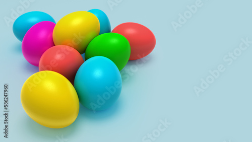 3D Illustration colorful easter eggs on uniform color with copyspace. 3d render color celebration background mockup.
