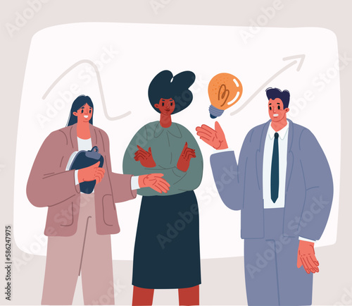 Vector illustration of Business people characters working in the office. Minimal co-working. Group of working office employees. Team project, brainstorm, teamwork process. Discussing