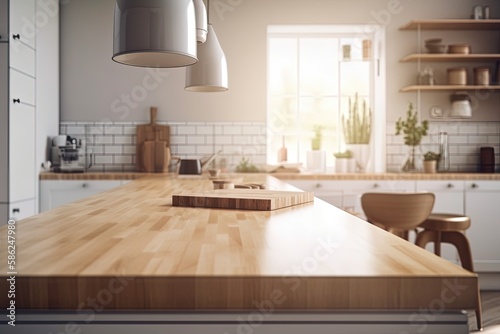 Kitchen wooden table top and kitchen blur background interior style scandinavian Generative AI