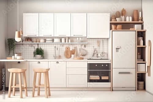 Minimal light scandinavian kitchen interior. White furniture with utensils, shelves with crockery, small refrigerator 