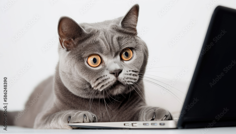 Cat using laptop. Isolated on white. Generative AI Cat using laptop. Isolated on white. Generative AI