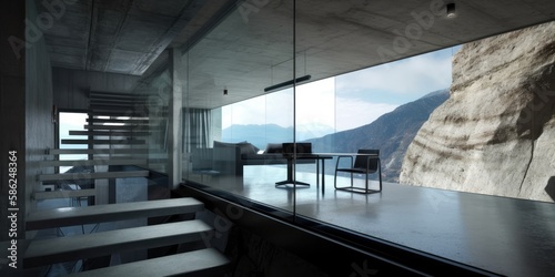 Interior of a modern minimalistic style house design in a rock. Generative AI