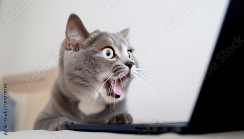 Cat using laptop. Isolated on white. Generative AI