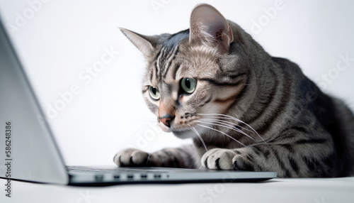 Cat using laptop. Isolated on white. Generative AI