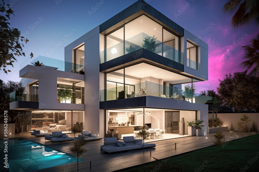 Modern luxury home with garden and pool at blue hour, generative ai