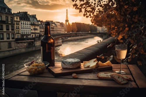 Luxury picnic in Paris with a cheese plateau and wine by the Seine, generative ai photo